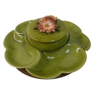 Vintage Mid Century California Pottery Green Floral Lazy Susan Chip Dip Set